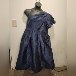 Eshakti size 3x navy one shoulder dupioni midi poof dress. POCKETS